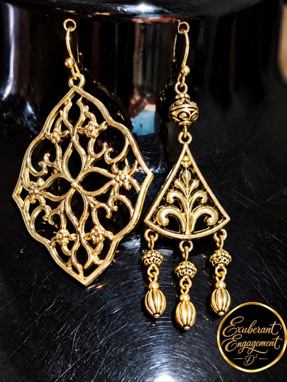 Asymetrical Boho/Revivalist Gold Filigree Drop Earrings - Women Jewelry